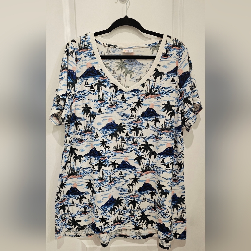 LuLaRoe Scenic Print Short Sleeve Top - Blue and Black
